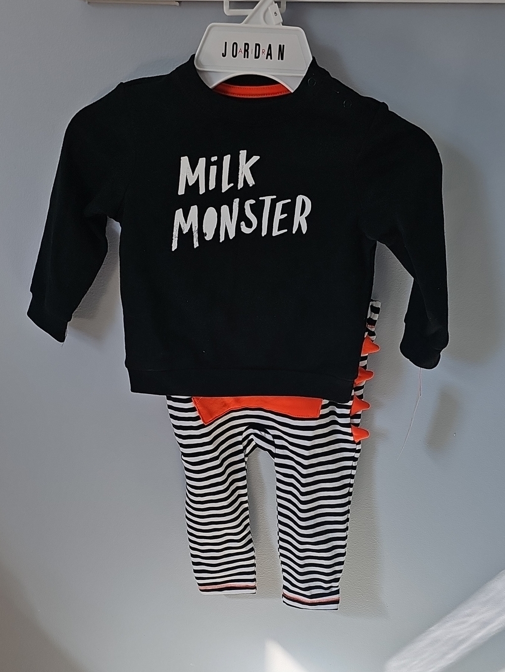 Milk Monster Black & White Striped Baby Outfit with Orange Accents 18 mo